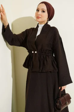 Pearl Button Waist Drawstring Skirt Set Brown wholesale clothing set view 2 - Hicabistan Turkey factory