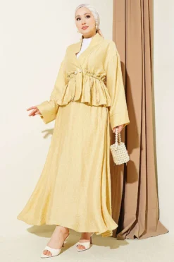 Pearl Button Waist Drawstring Skirt Set Yellow