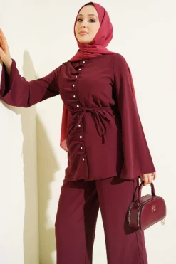 Alternative view of Pearl Button Pleated Detail Two-Piece Set Burgundy