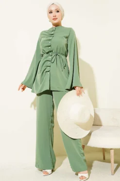 Alternative view of Pearl Button Pleated Detail Two-Piece Set Khaki