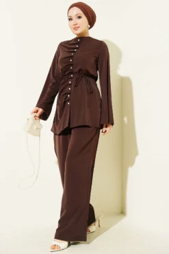 Pearl Button Pleated Detail Two-Piece Set Brown