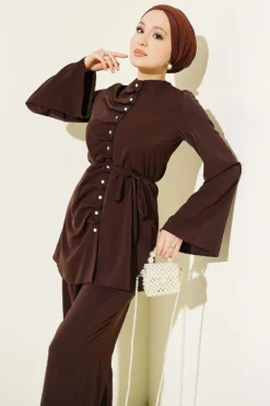 Alternative view of Pearl Button Pleated Detail Two-Piece Set Brown