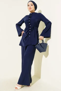 Pearl Button Pleated Detail Two-Piece Set Navy Blue