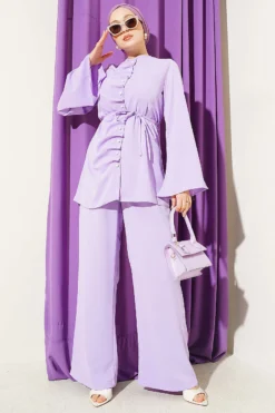Pearl Button Pleated Detail Two-Piece Set Lilac