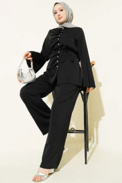 Pearl Button Pleated Detail Two-Piece Set Black