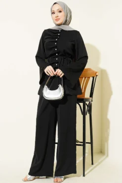 Alternative view of Pearl Button Pleated Detail Two-Piece Set Black