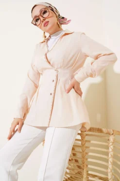 Pearl Detailed Pleated Shirt Beige
