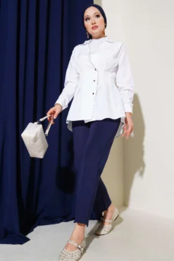 Pearl Detailed Pleated Shirt White