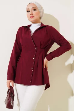 Pearl Detailed Pleated Shirt Burgundy