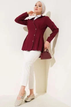 Alternative view of Pearl Detailed Pleated Shirt Burgundy