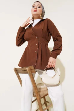 Pearl Detailed Pleated Shirt Brown