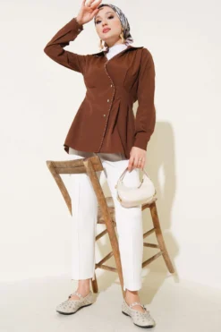 Alternative view of Pearl Detailed Pleated Shirt Brown
