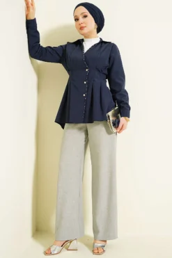 Pearl Detailed Pleated Shirt Navy Blue all'ingrosso shirt view 2 - Hicabistan fabbrica Turchia