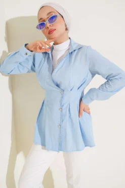 Pearl Detailed Pleated Shirt Blue