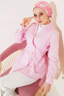 Pearl Detailed Pleated Shirt Pink
