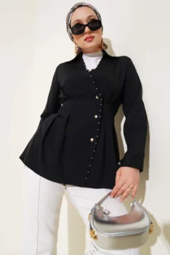 Pearl Detailed Pleated Shirt Black