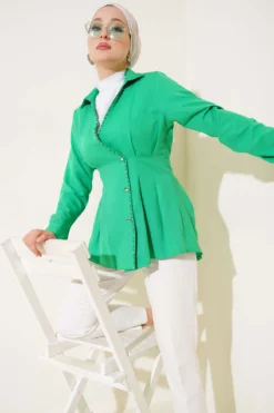 Pearl Detailed Pleated Shirt Green