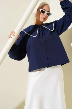 Navy Collar Short Shirt with Pearl Details Navy Blue