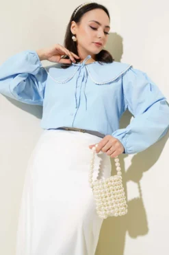 Navy Collar Short Shirt with Pearl Details Blue