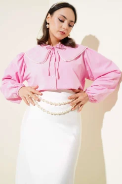 Navy Collar Short Shirt with Pearl Details Pink