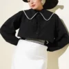 Navy Collar Short Shirt with Pearl Details Black