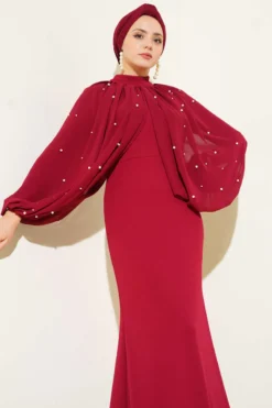 Pearl Cape Evening Dress Burgundy wholesale dress view 2 - Hicabistan Turkey factory