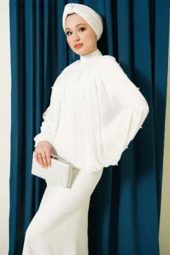 Pearl Cape Evening Dress Ecru Großhandel dress view 2 - Hicabistan Türkei Fabrik