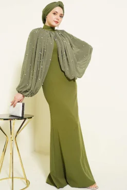 Pearl Cape Evening Dress Khaki Großhandel dress view 2 - Hicabistan Türkei Fabrik