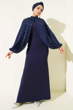 Pearl Cape Evening Dress Navy Blue wholesale dress view 2 - Hicabistan Turkey factory