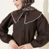 Pearl Sailor Collar Short Shirt Brown all'ingrosso shirt - Hicabistan fabbrica Turchia