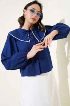 Pearl Sailor Collar Short Shirt Navy Blue