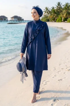 Pearl Ruffle Detailed Three-Piece Modest Swimsuit Navy Blue