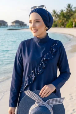 Alternative view of Pearl Ruffle Detailed Three-Piece Modest Swimsuit Navy Blue