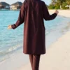 Pearl Ruffle Detailed Three-Piece Modest Swimsuit Plum all'ingrosso burkini view 4 - Hicabistan fabbrica Turchia