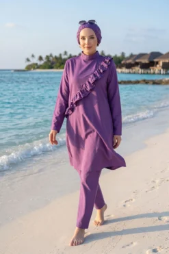Alternative view of Pearl Ruffle Detailed Three-Piece Modest Swimsuit Purple