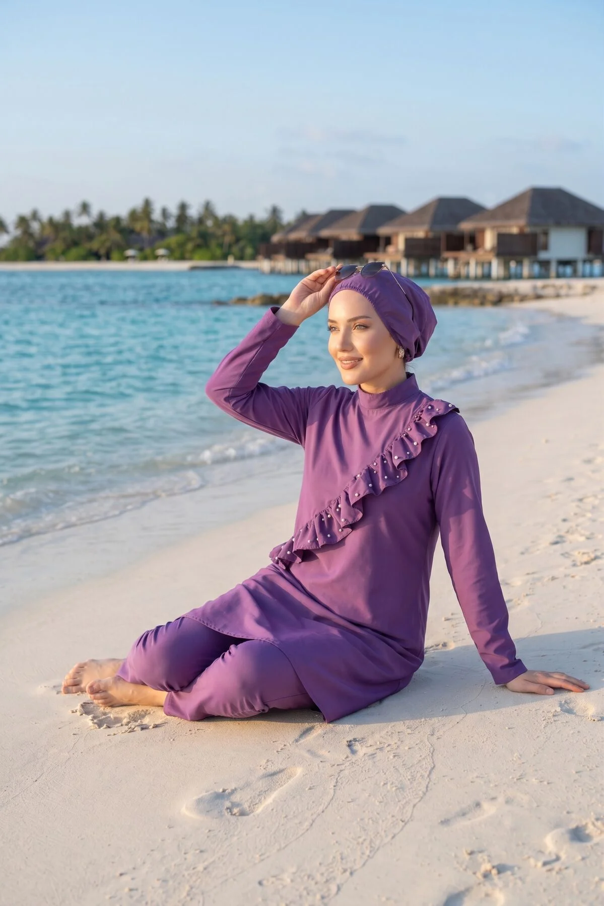 Pearl Ruffle Detailed Three-Piece Modest Swimsuit Purple - Image 3