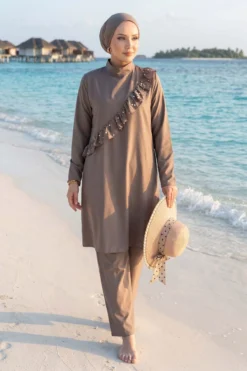 Alternative view of Pearl Ruffle Detailed Three-Piece Modest Swimsuit Mink