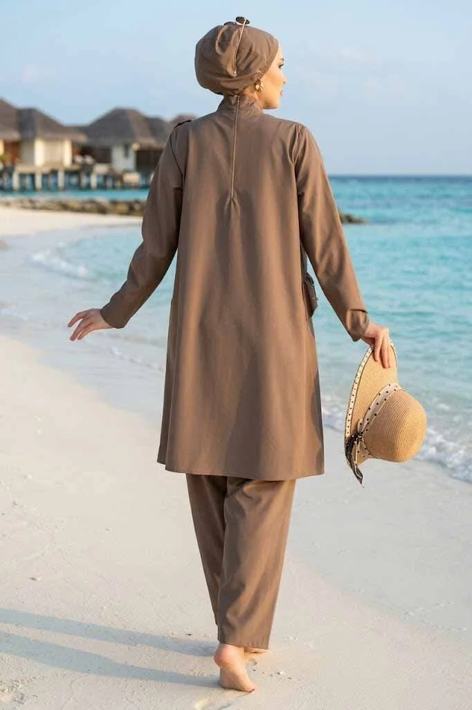 Pearl Ruffle Detailed Three-Piece Modest Swimsuit Mink - immagine 4