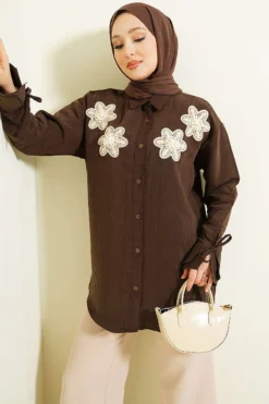 Pearl Flower Embroidered Modal Shirt Brown