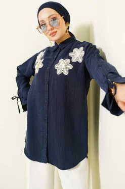 Pearl Flower Embroidered Modal Shirt Navy Blue