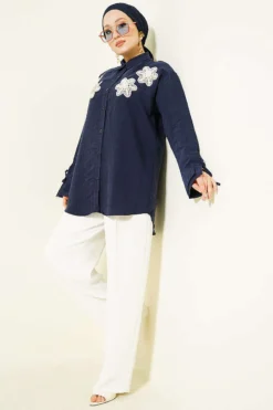 Alternative view of Pearl Flower Embroidered Modal Shirt Navy Blue