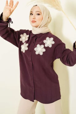 Pearl Flower Embroidered Modal Shirt Plum