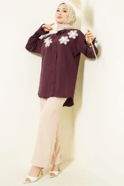 Alternative view of Pearl Flower Embroidered Modal Shirt Plum