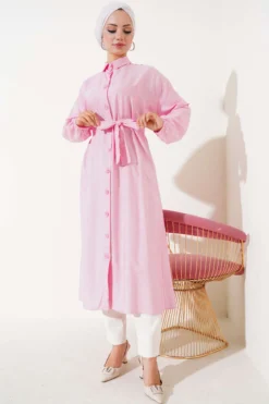 Lace-Up Front Button Long Tunic Fuchsia
