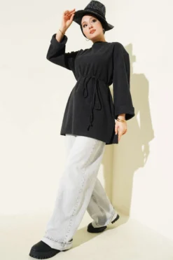 Alternatieve weergave van Drawstring Ribbed Coat Tunic Anthracite
