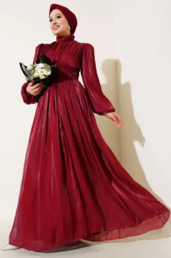 Tie Waist Pleated Evening Dress Burgundy en gros dress - Hicabistan usine Turquie
