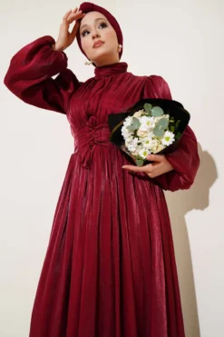 Tie Waist Pleated Evening Dress Burgundy en gros dress view 2 - Hicabistan usine Turquie