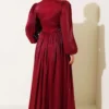 Tie Waist Pleated Evening Dress Burgundy wholesale dress view 3 - Hicabistan Turkey factory