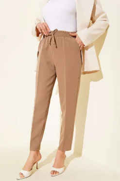 Belted Tapered Pants with String Detail Beige