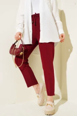 Alternative view of Belted Tapered Pants with String Detail Burgundy